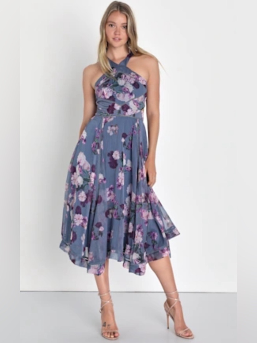 Lulu's Dusty Blue & Lavender Floral Halter Midi Dress